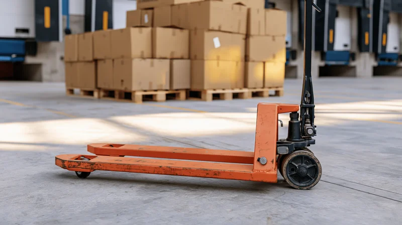 Orange pallet jack on concrete floor in warehouse with stacked cardboard boxes in background