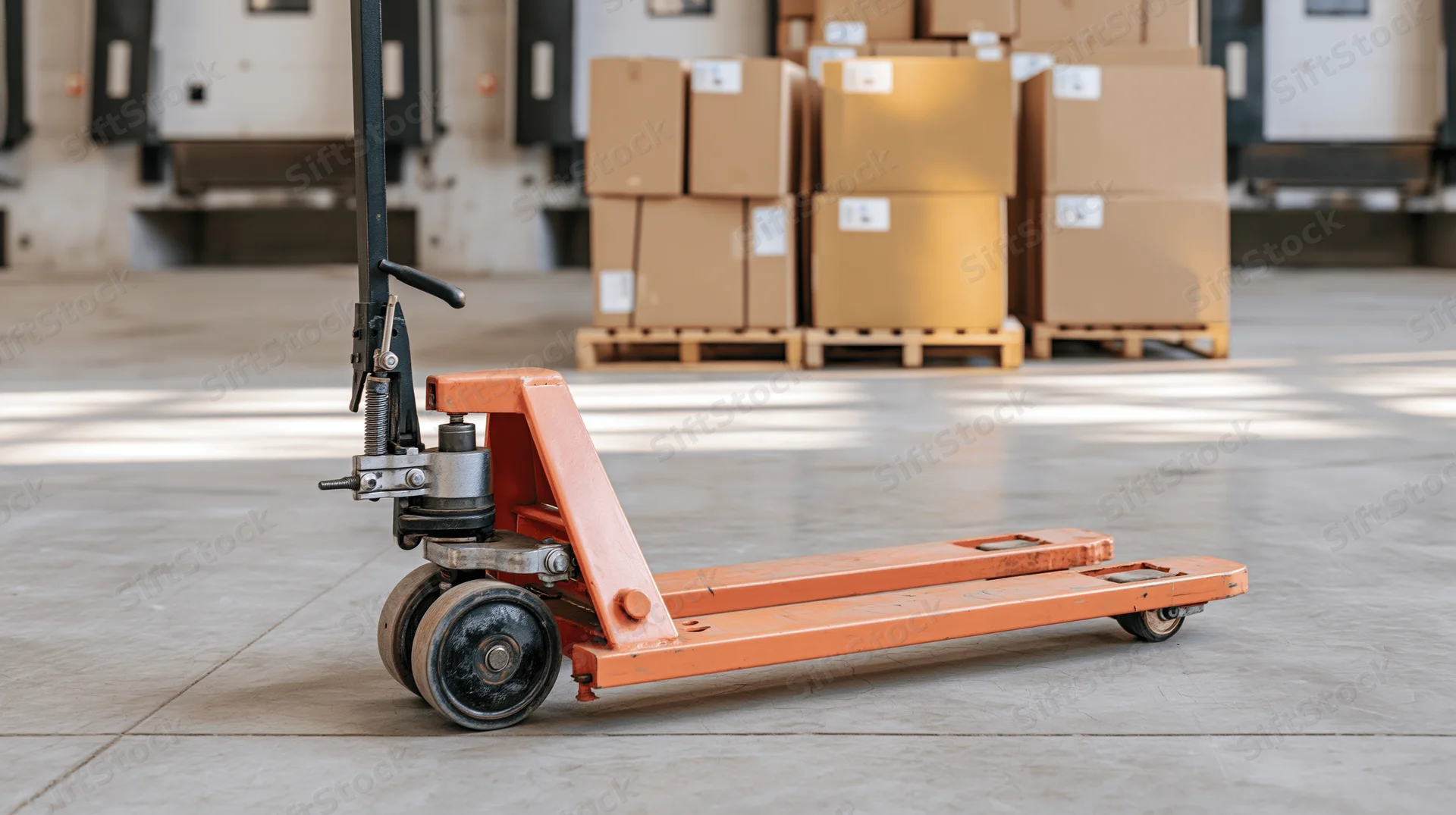 Orange pallet jack on concrete floor in warehouse with stacked cardboard boxes on pallets in background