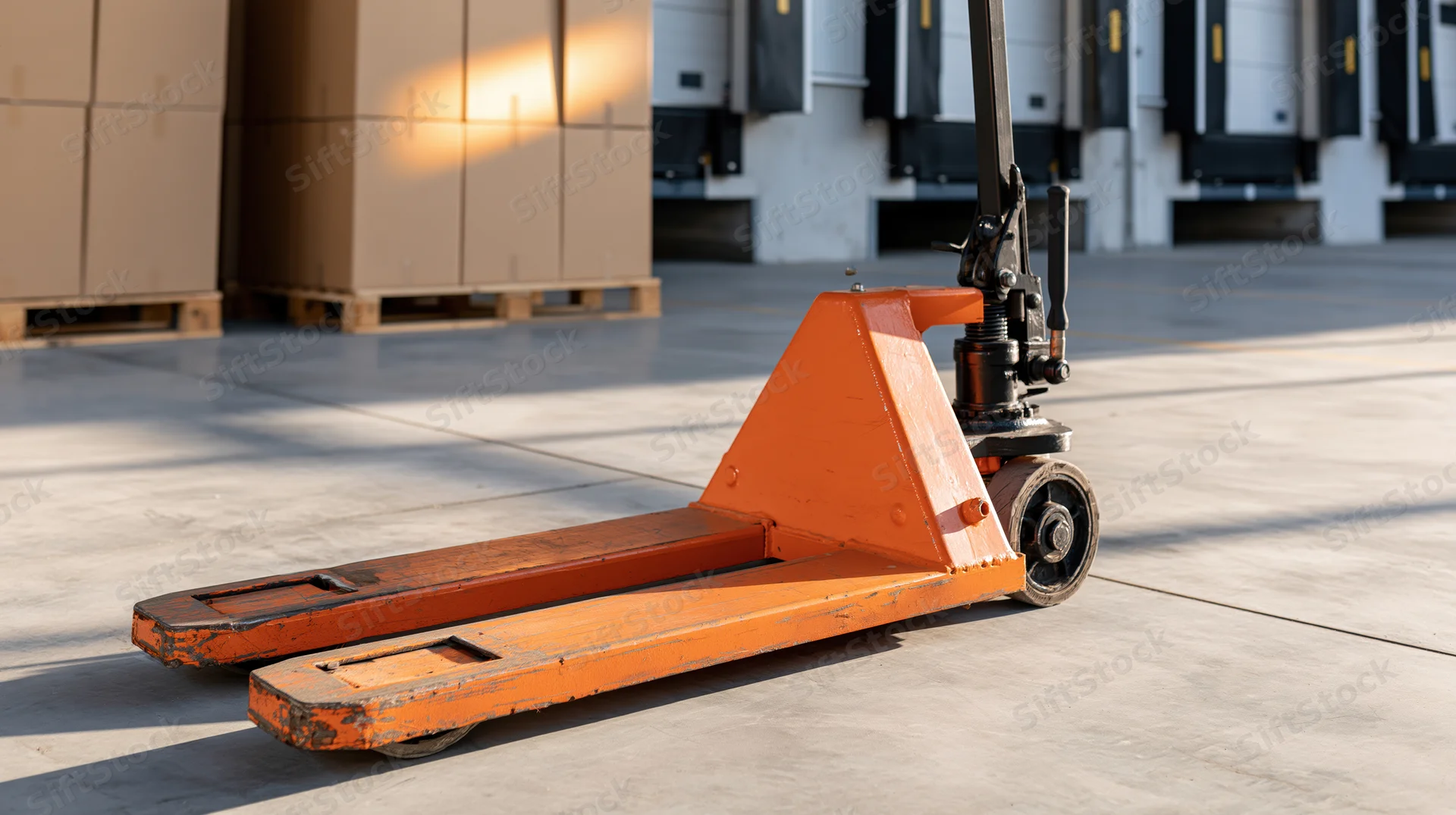 Orange pallet jack resting on concrete floor in front of loading docks at warehouse