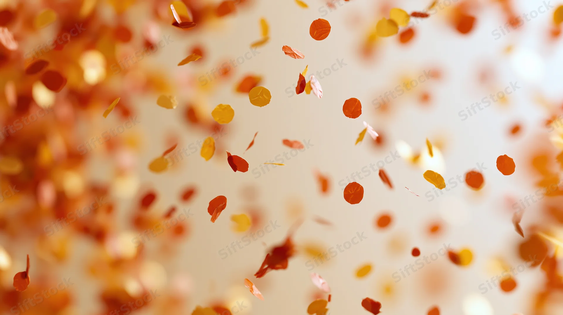 Orange and gold confetti falling in mid-air against a soft light background