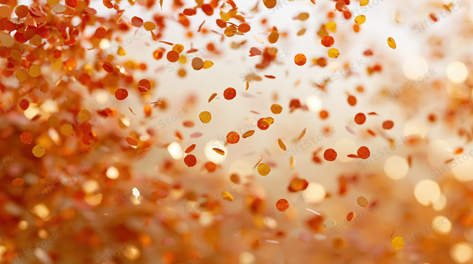Orange and gold confetti floating in the air against a bright bokeh background