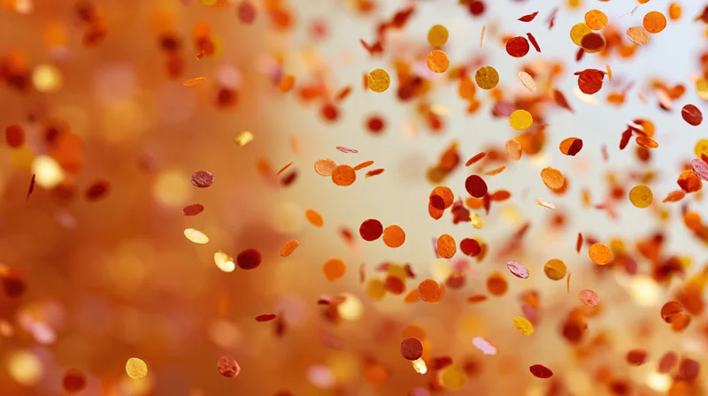 Orange and gold confetti floating in the air against a soft blurred background