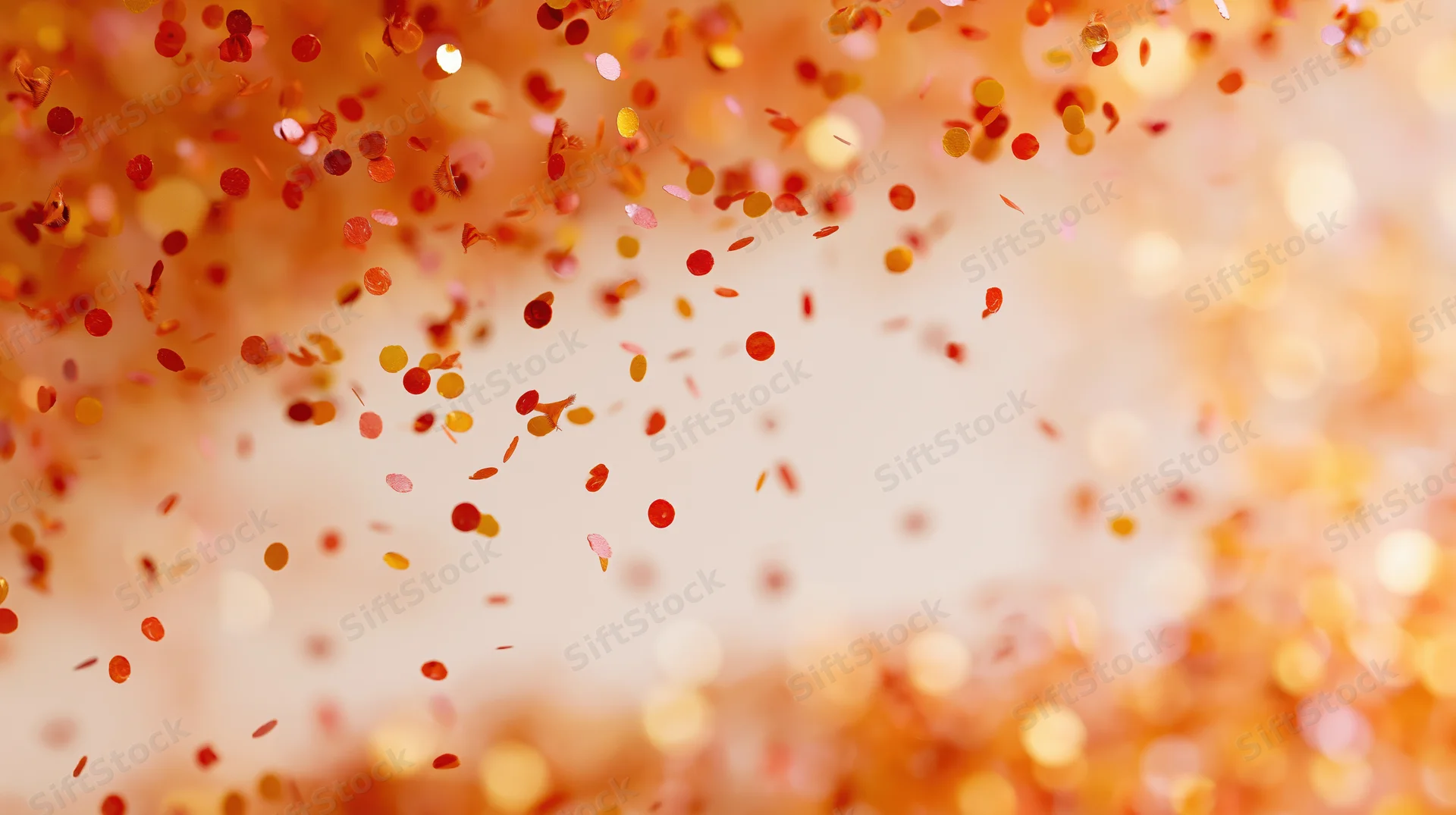 Orange and red confetti floating in soft light with bokeh background