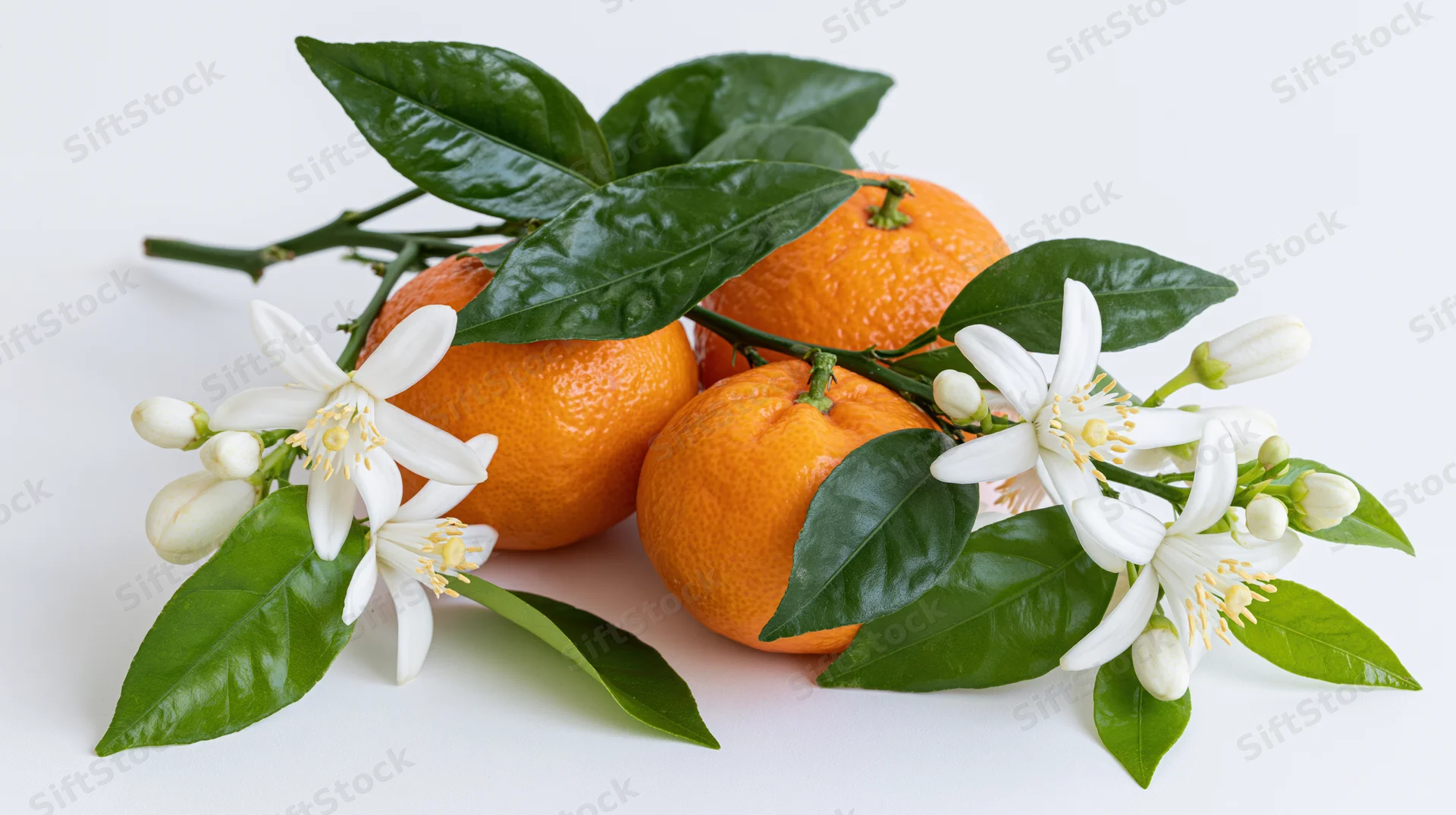Oranges with blossoms and leaves arranged on white background