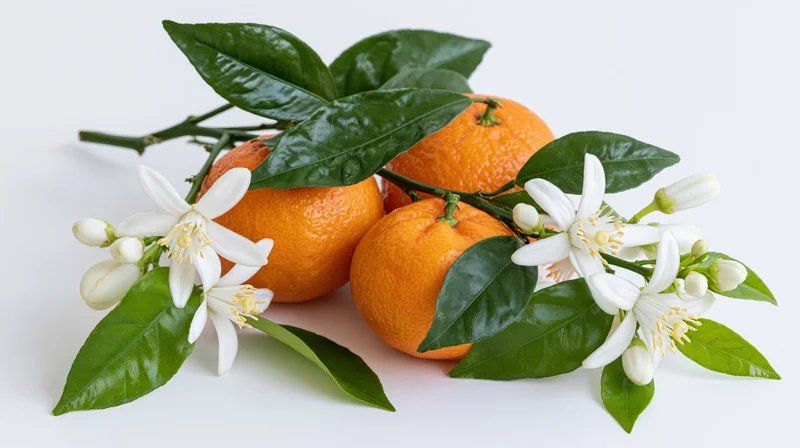 Oranges with blossoms and leaves arranged on white background