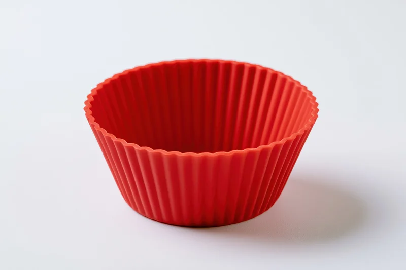 Red silicone cupcake mold on white background