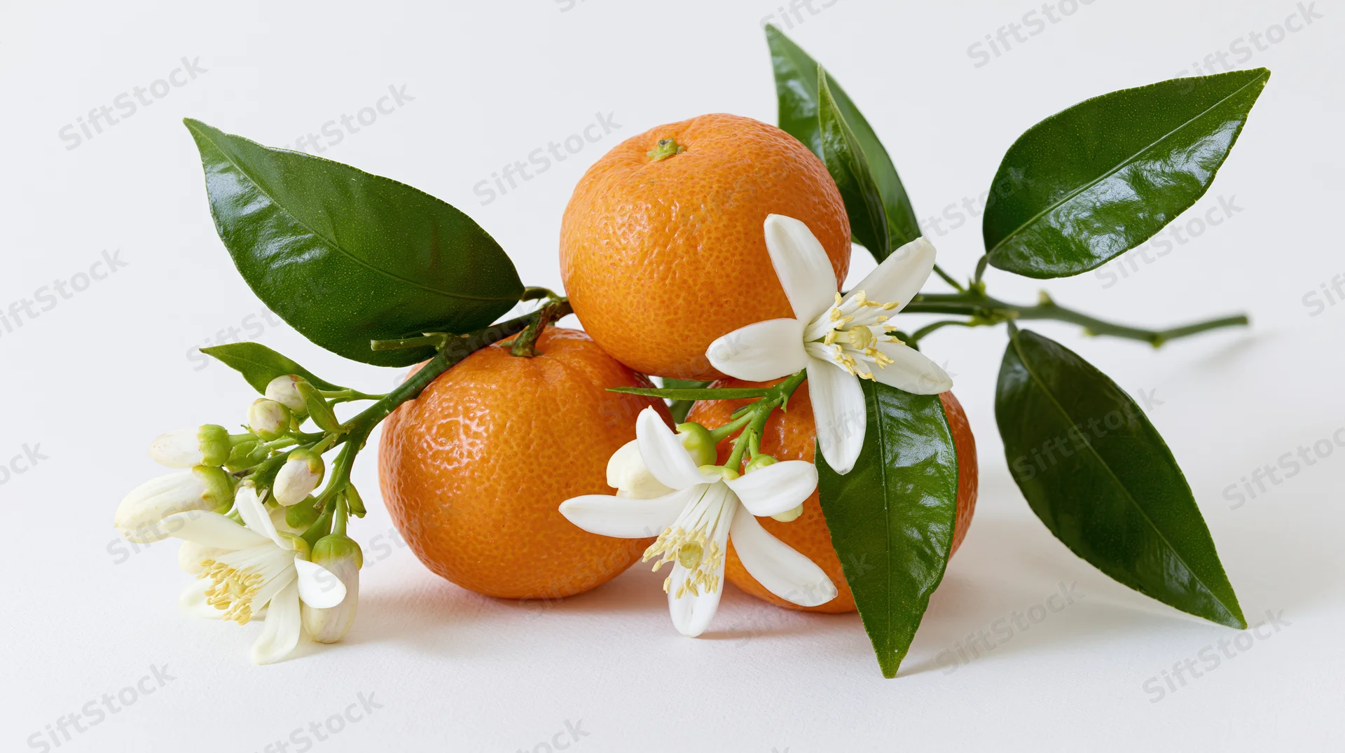 Oranges with blossoms and leaves on a white background