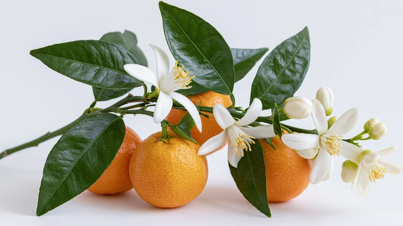 Oranges with blossoms and green leaves on a white surface