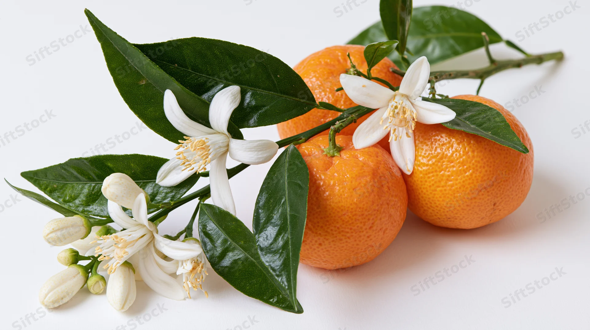 Oranges with white blossoms and green leaves on a branch, isolated on white background