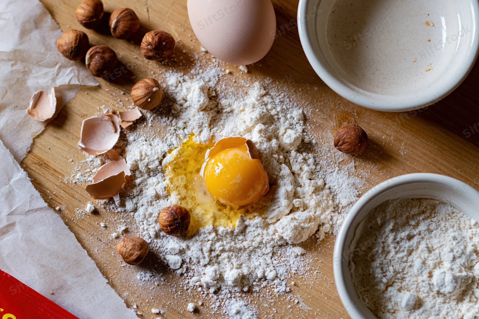 Cracked egg with flour and hazelnuts on wooden surface for baking preparation
