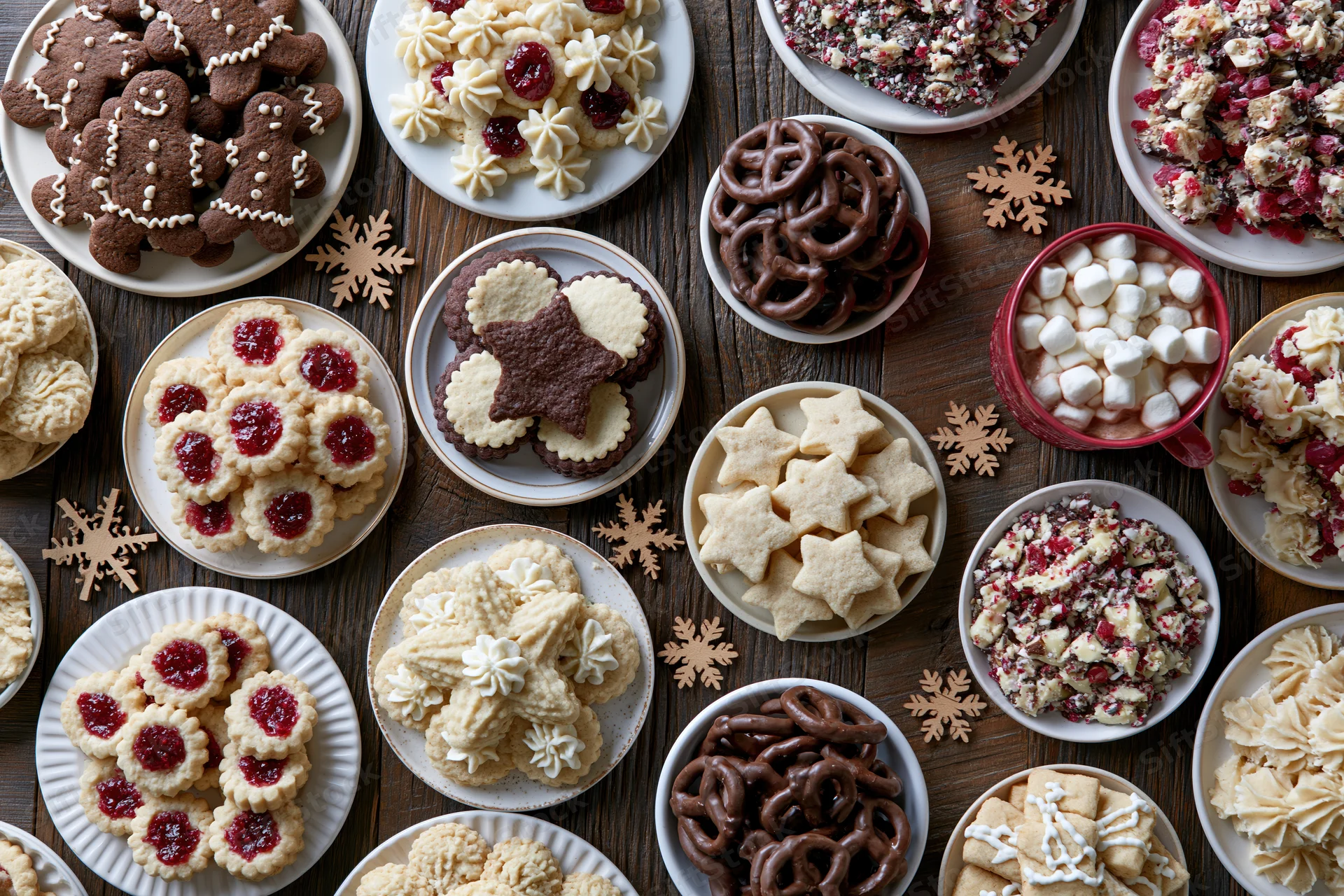 Assorted christmas cookies and sweets arranged on a wooden table with snowflake decorations
