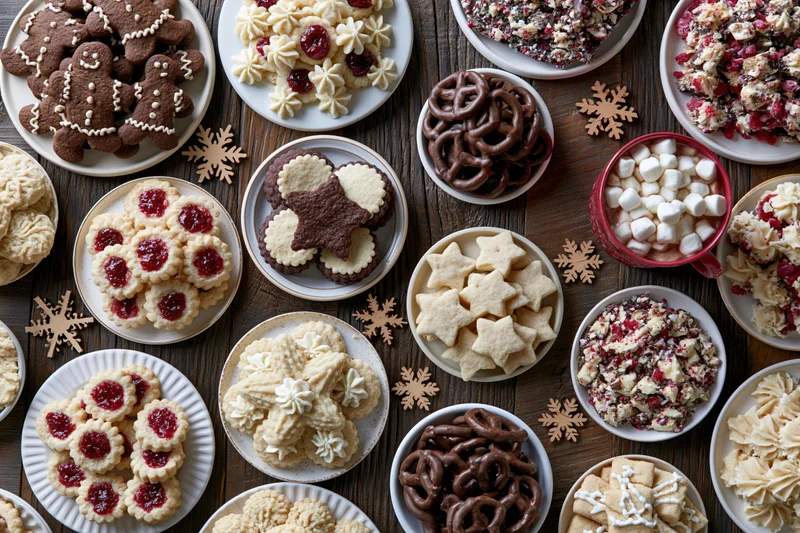 Assorted christmas cookies and sweets arranged on a wooden table with snowflake decorations