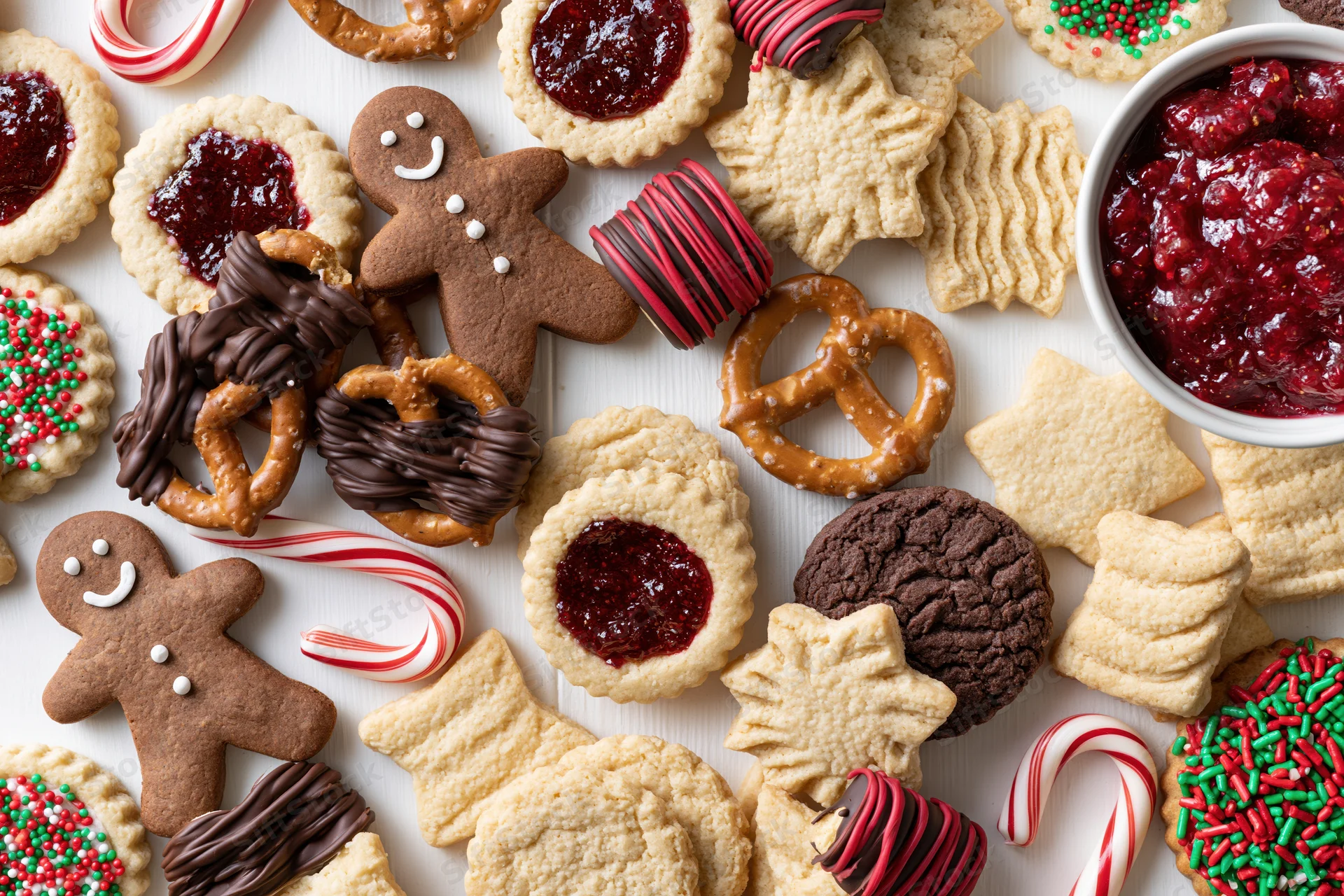 Assorted christmas cookies and candies arranged on white surface