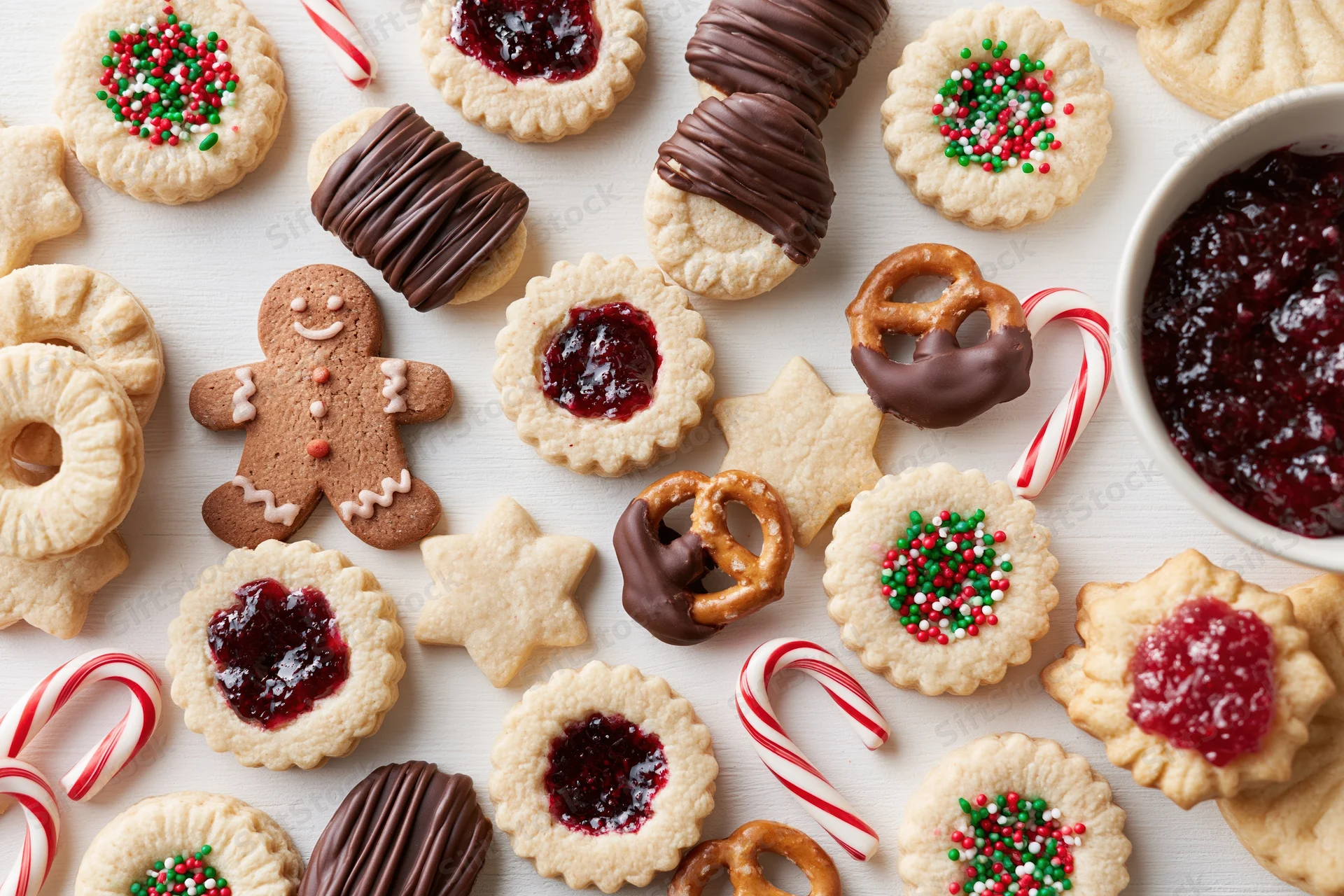 Assorted christmas cookies with jam, chocolate, candy canes and sprinkles on white surface