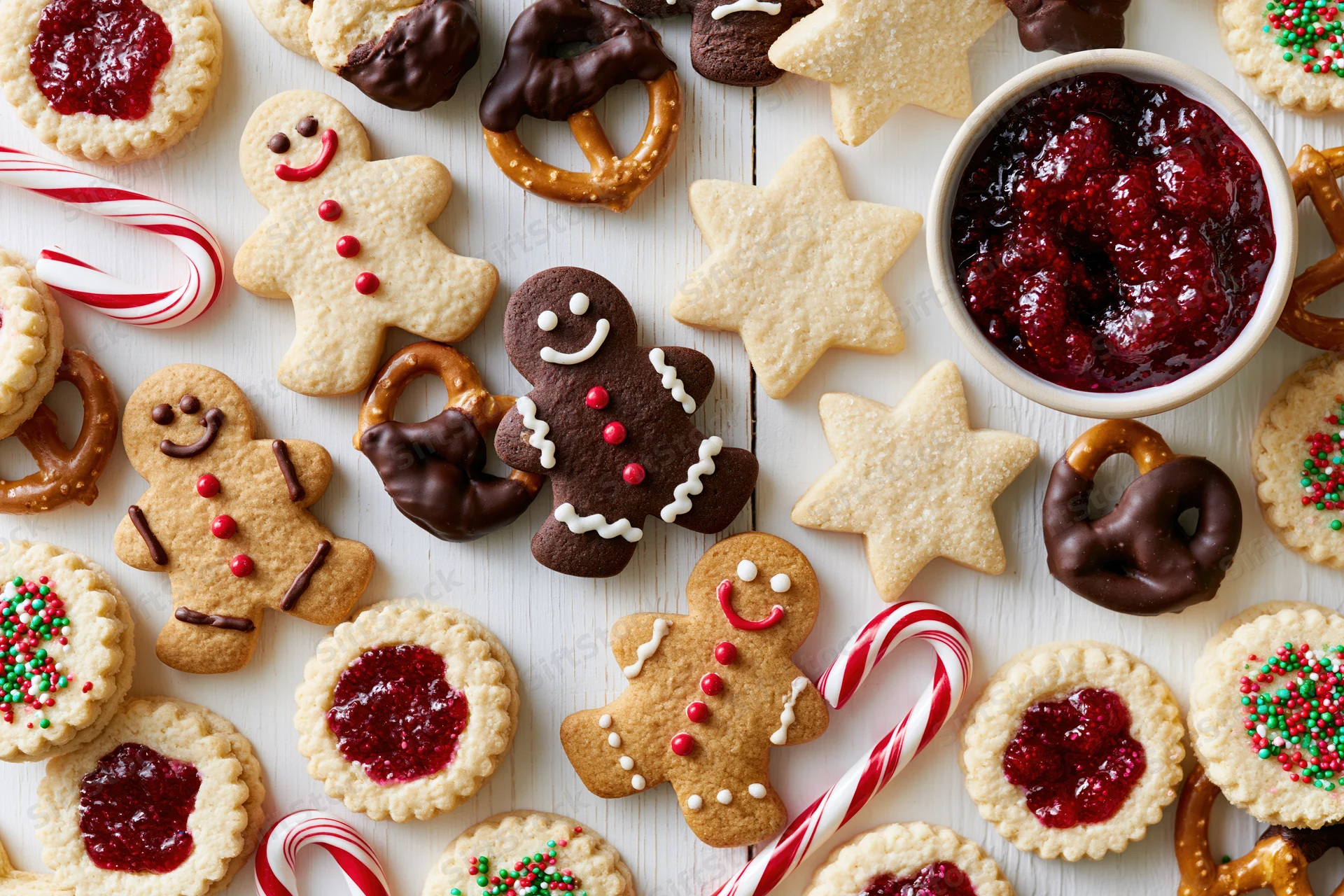 Gingerbread men and assorted holiday cookies with candy canes and jam on a white wooden surface