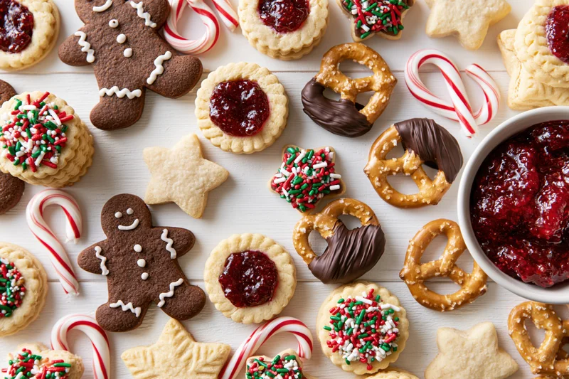 Assorted christmas cookies and candies arranged on a white wooden table with a bowl of jam and candy canes