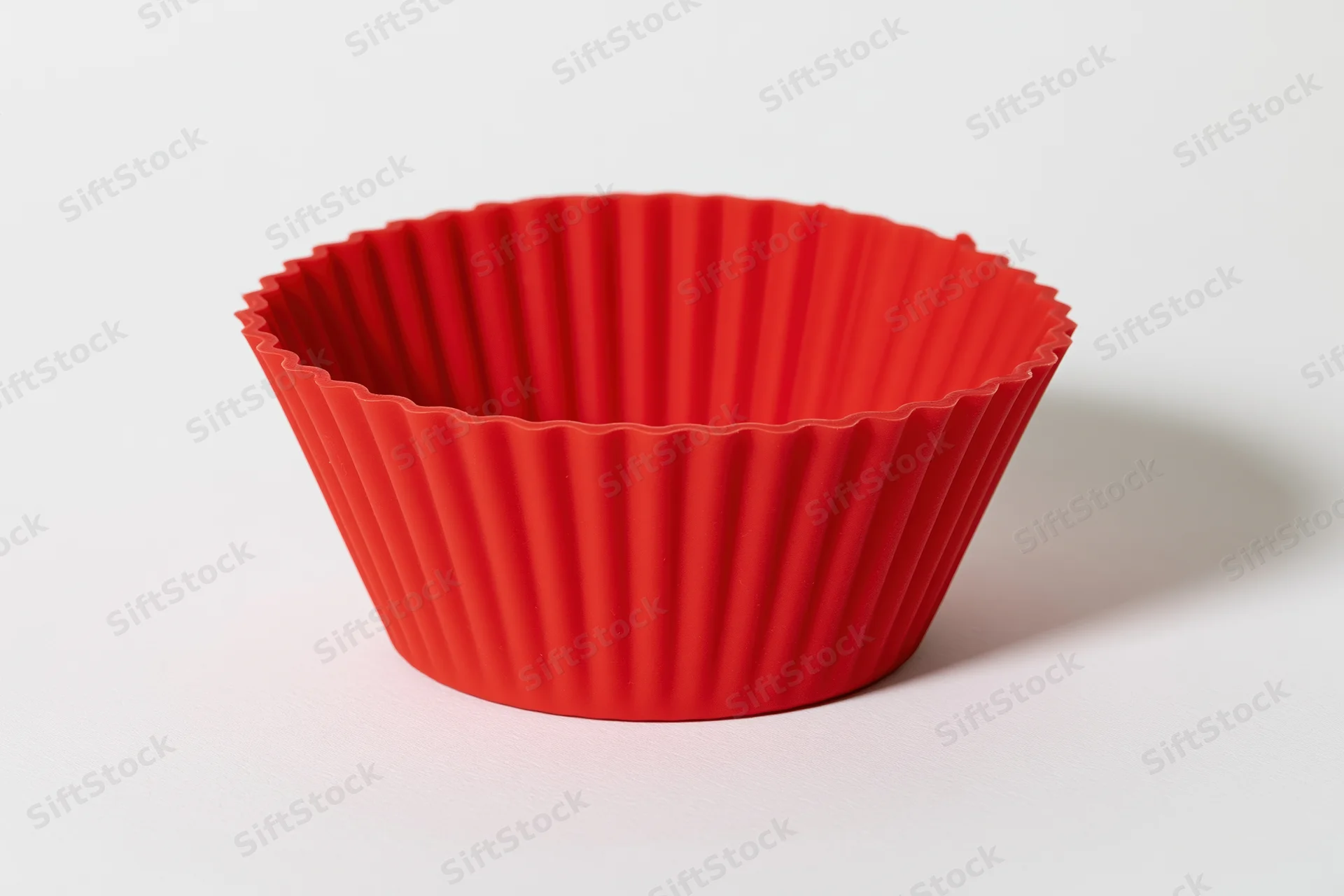 Red silicone cupcake mold on white background