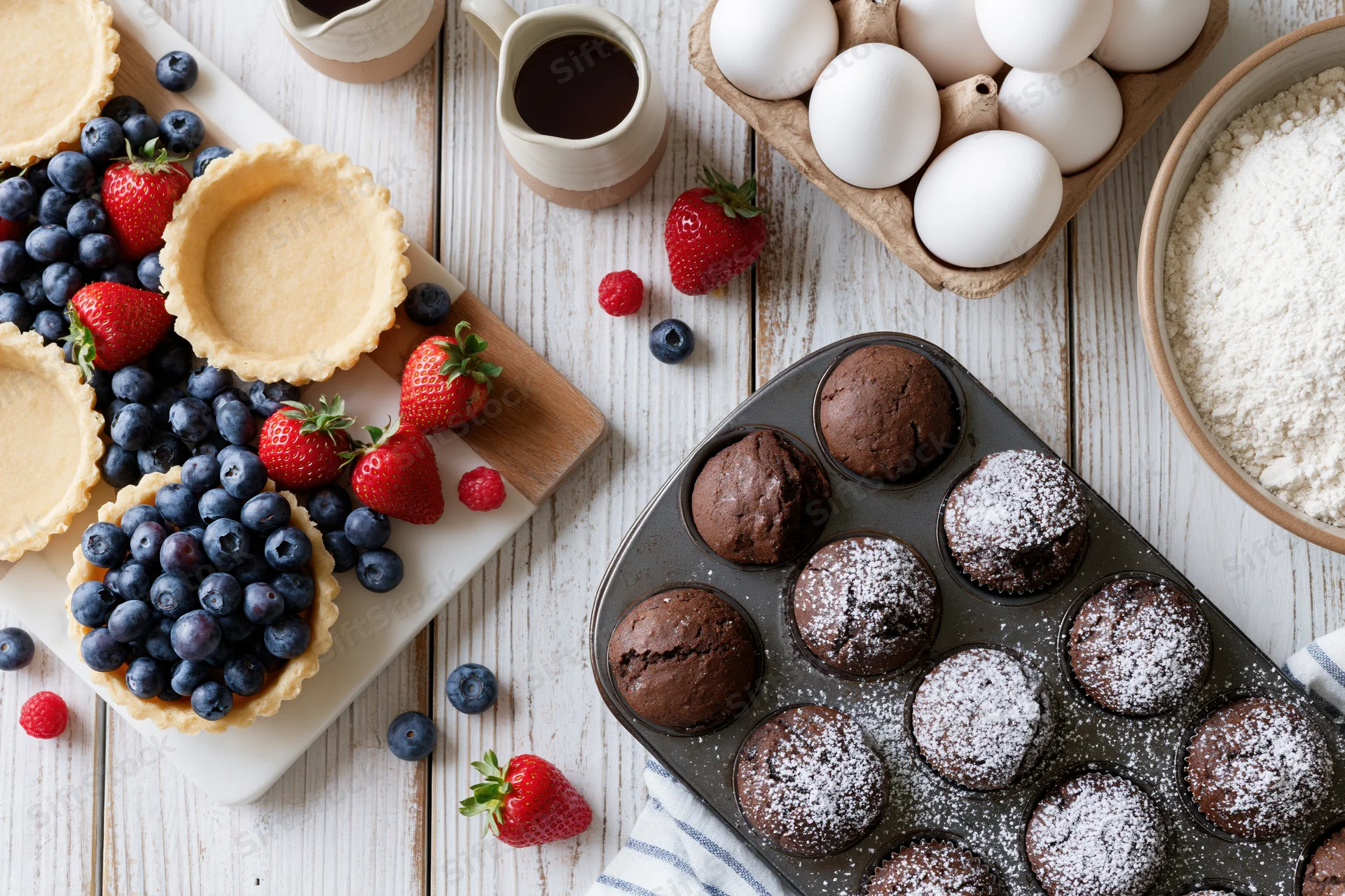 Chocolate muffins and fruit tarts arranged on a white wooden table with baking ingredients around