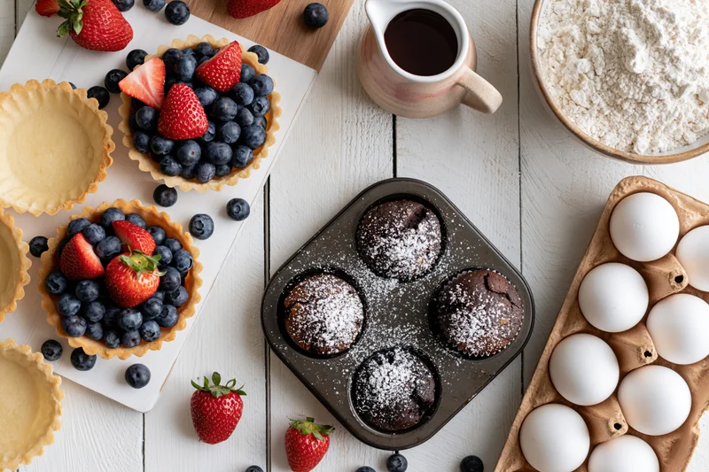 Fresh fruit tarts and chocolate muffins arranged on a white wooden table with baking ingredients around