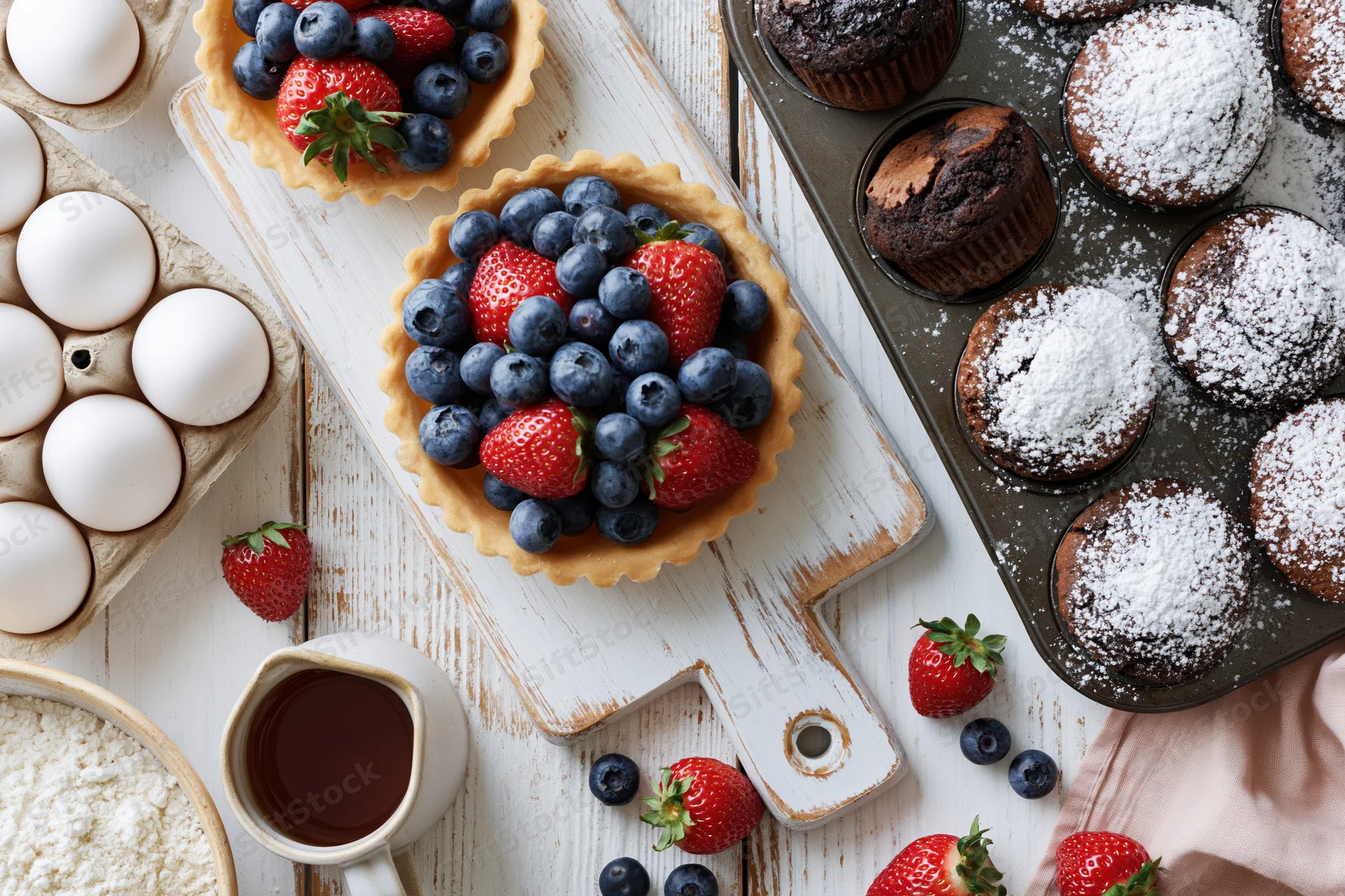 Fresh fruit tarts and chocolate muffins arranged on a white wooden table with baking ingredients around