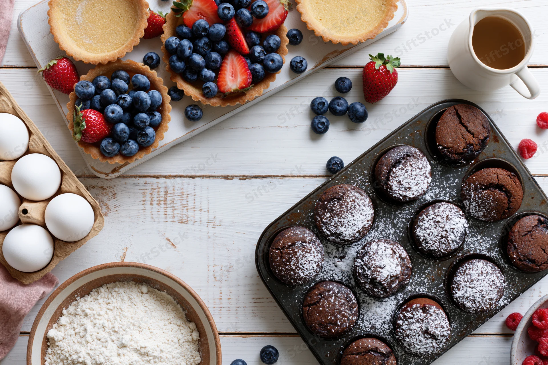 Chocolate muffins dusted with powdered sugar on a baking tray beside fruit tarts and baking ingredients on a white wooden table