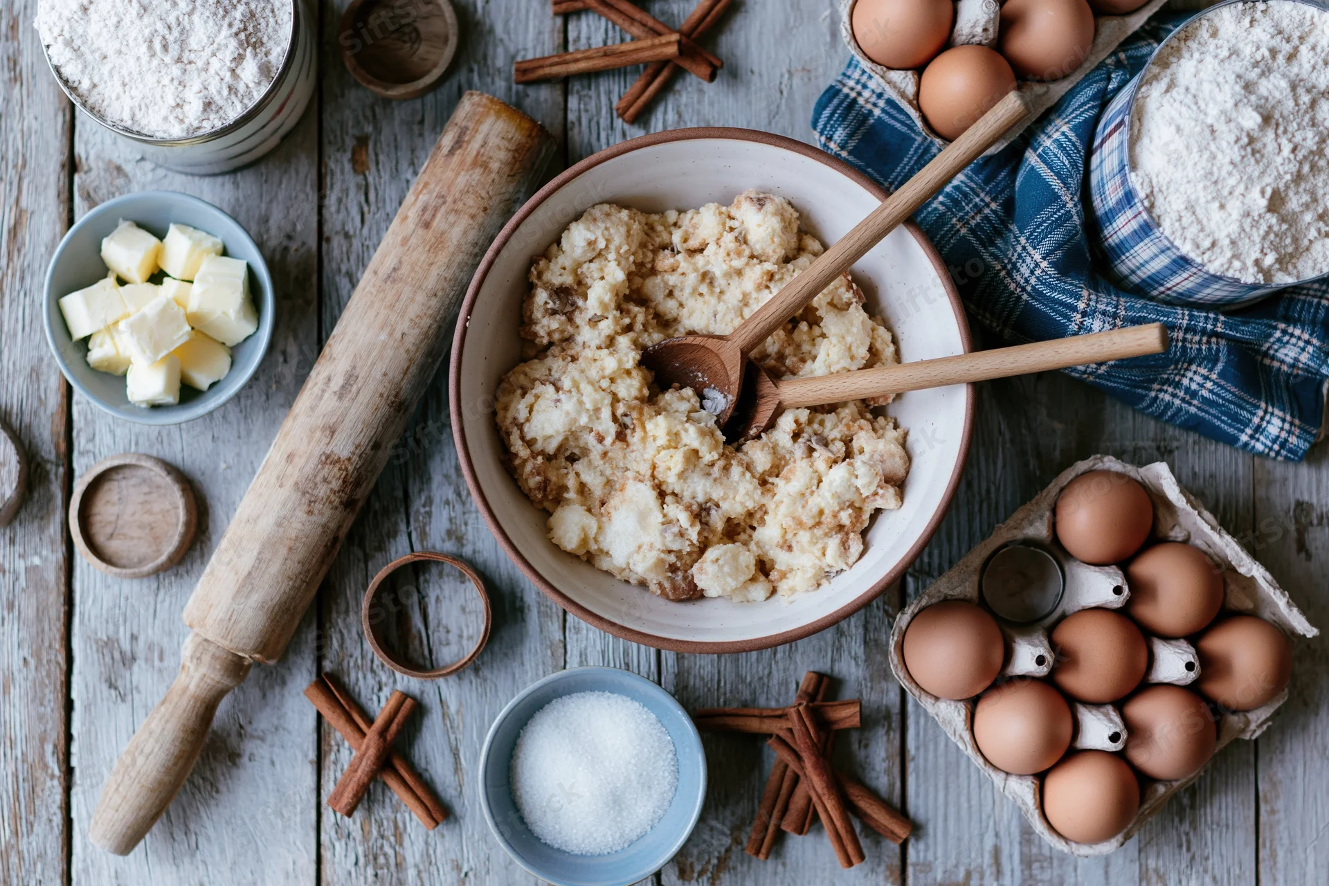 Dough mixture in a bowl surrounded by baking ingredients on a wooden table