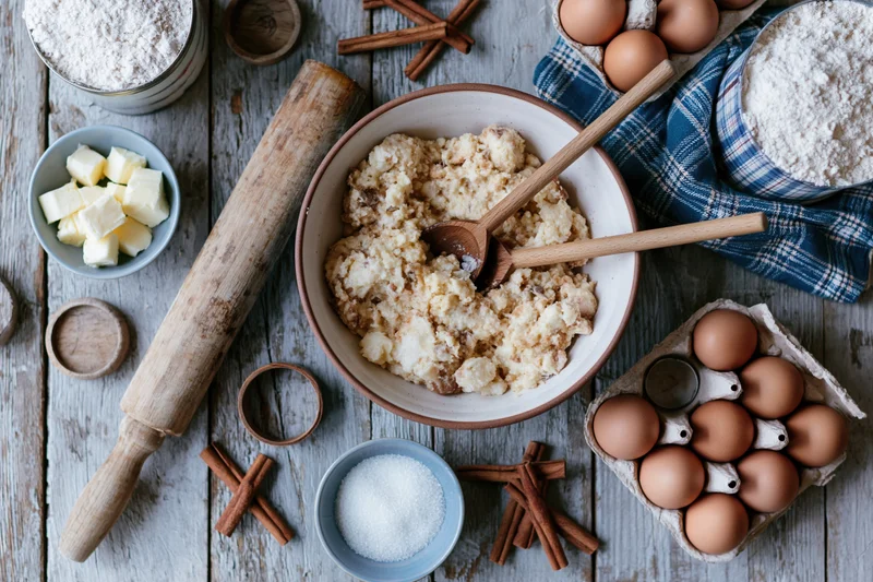 Dough mixture in a bowl surrounded by baking ingredients on a wooden table