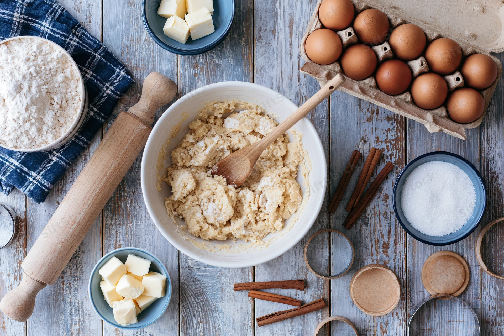Dough being mixed in a bowl with baking ingredients arranged on a wooden table