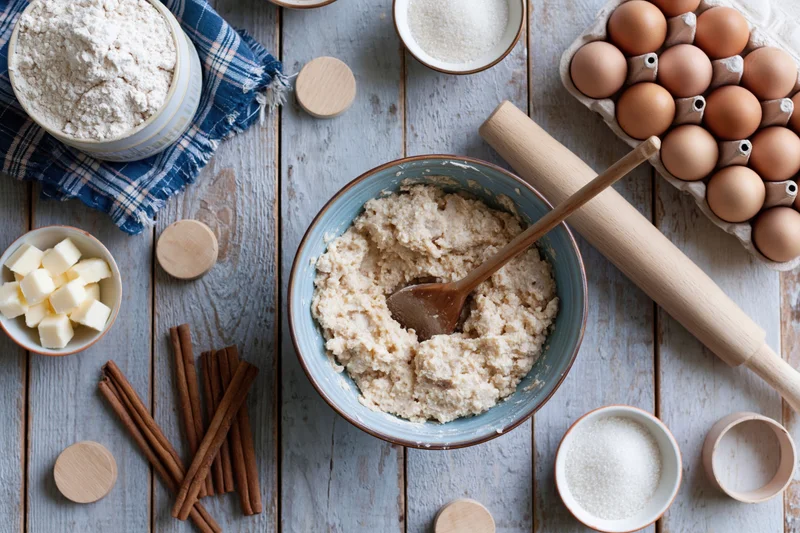 Dough being mixed in a bowl surrounded by baking ingredients on a wooden table