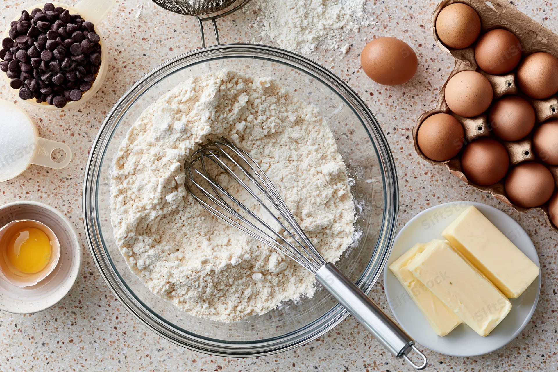 Flour in a glass bowl with whisk surrounded by eggs butter chocolate chips and sugar on a kitchen counter