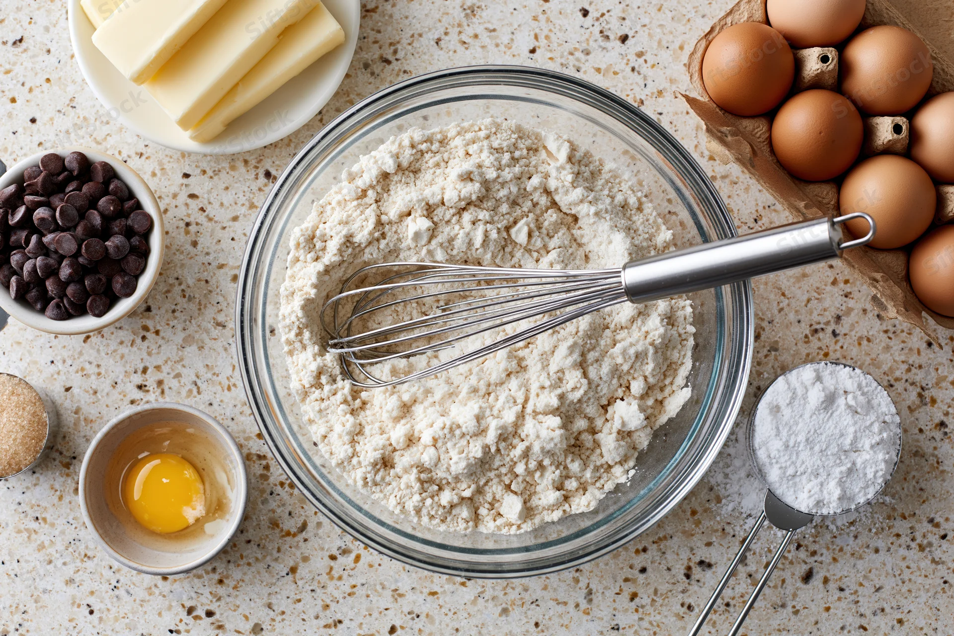Flour in a glass bowl with whisk surrounded by baking ingredients on a speckled countertop