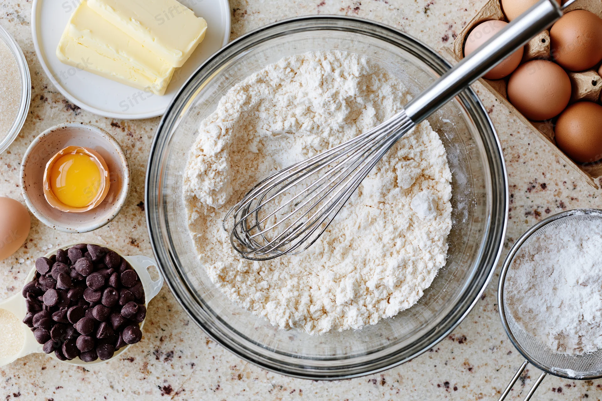 Flour in a glass bowl with whisk surrounded by baking ingredients on a countertop