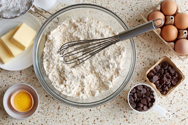 Flour in a glass mixing bowl with whisk surrounded by baking ingredients on a speckled countertop