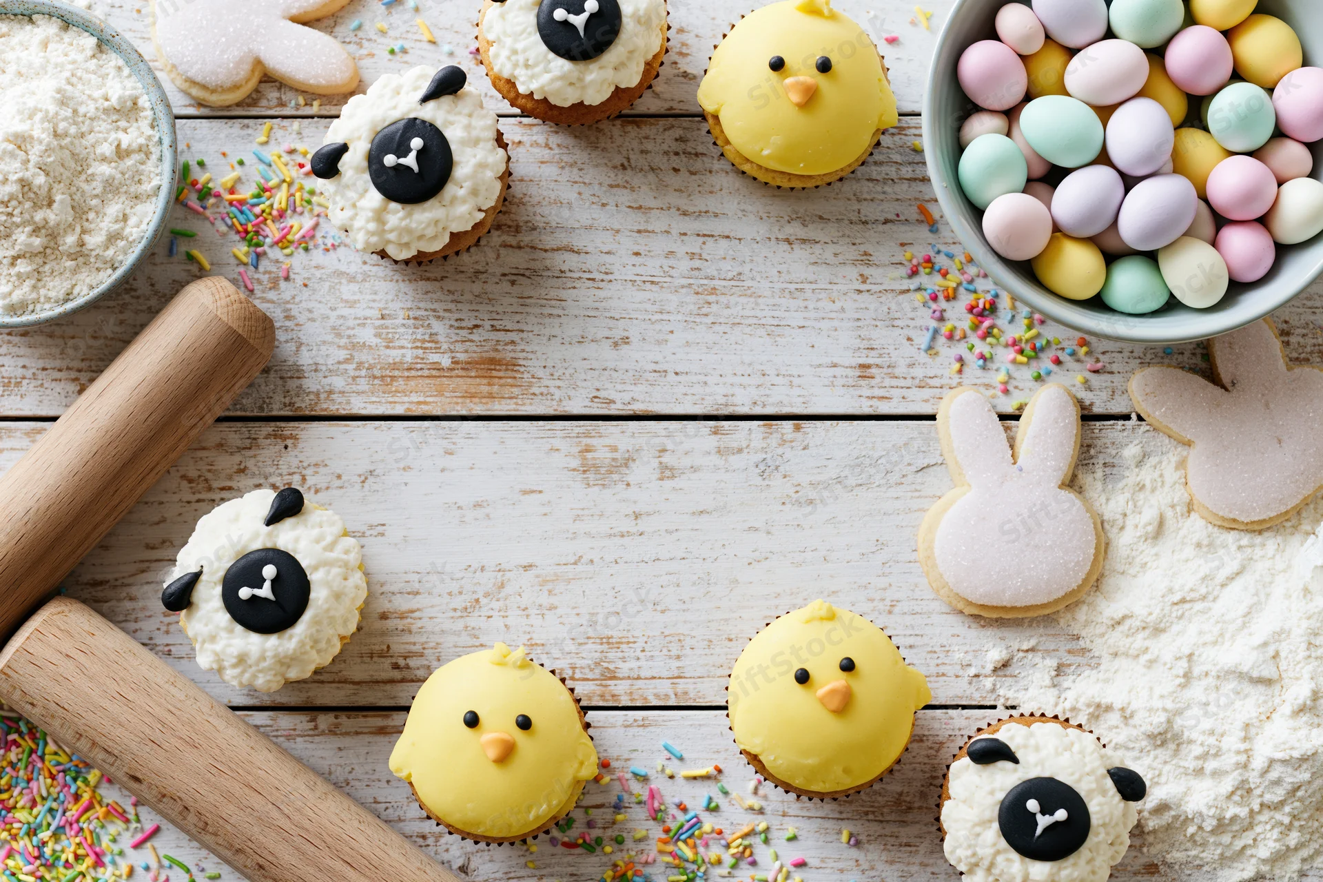 Easter-themed cupcakes and cookies decorated as chicks and lambs arranged on a white wooden table with flour and sprinkles