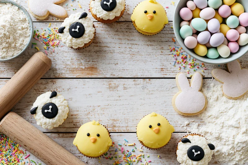 Easter-themed cupcakes and cookies decorated as chicks and lambs arranged on a white wooden table with flour and sprinkles
