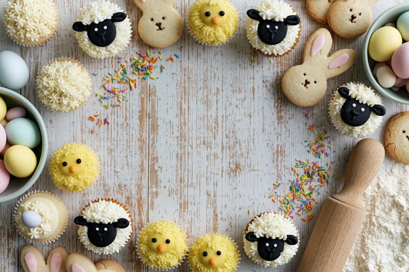 Easter-themed cupcakes and cookies shaped like sheep, bunnies, and chicks arranged on a rustic wooden table with sprinkles, pastel eggs, flour, and a rolling pin