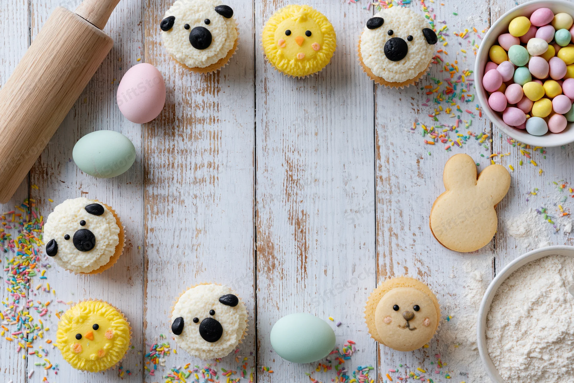 Easter cupcakes decorated with animal faces and pastel eggs on a rustic wooden table with baking ingredients