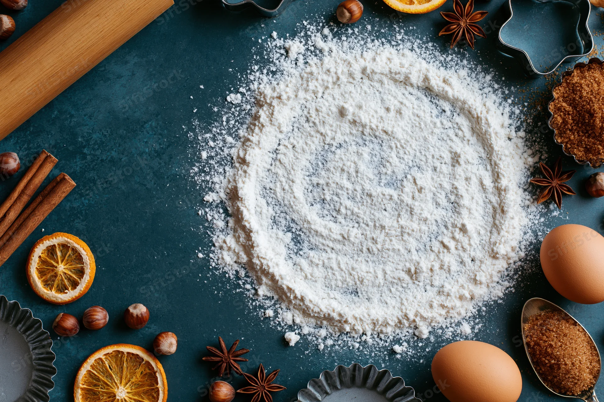 Flour mound surrounded by baking ingredients and tools on dark countertop