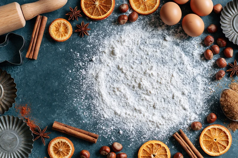 Flour mound surrounded by baking ingredients and tools on dark blue countertop