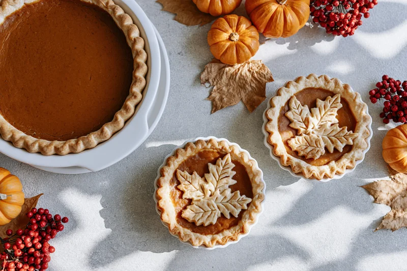 Pumpkin pies with leaf decorations on a table surrounded by small pumpkins and berries
