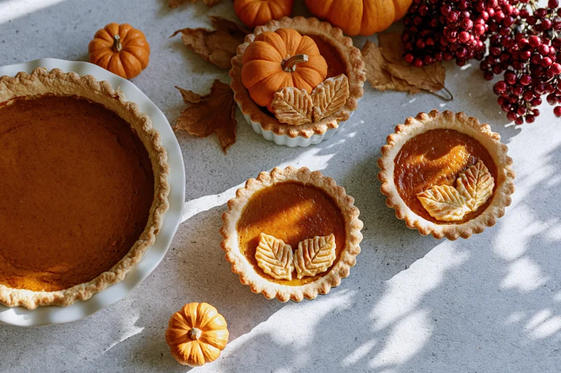 Pumpkin pie and mini tarts with leaf decorations on a countertop surrounded by autumn decor