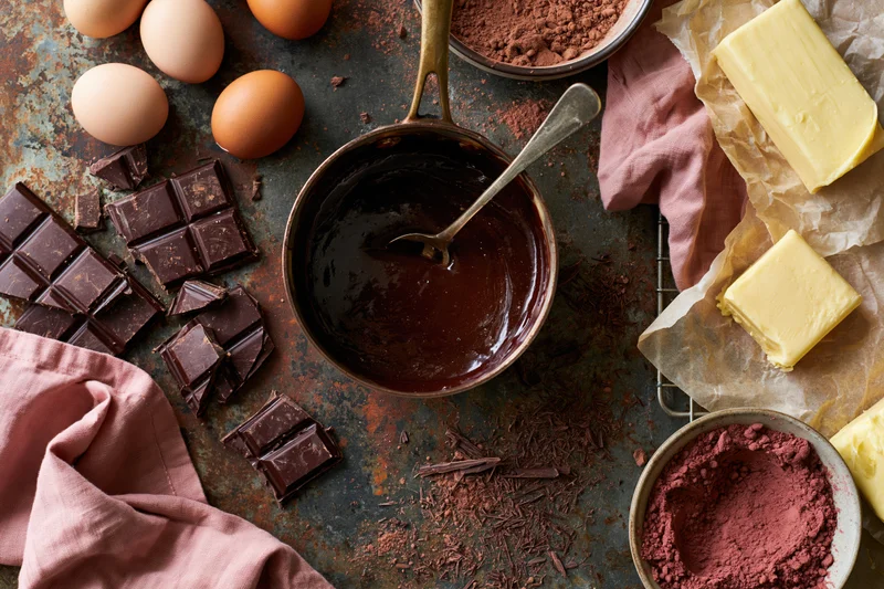 Melted chocolate in a saucepan surrounded by baking ingredients on a rustic countertop