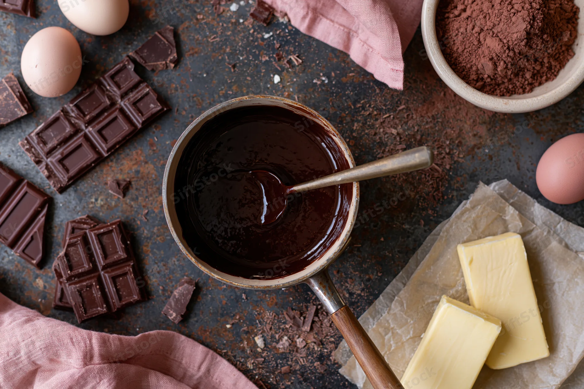 Chocolate sauce in a saucepan with spoon surrounded by chocolate bars, eggs, butter, cocoa powder, and cloth on a dark countertop