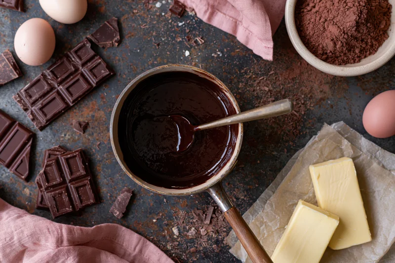 Chocolate sauce in a saucepan with spoon surrounded by chocolate bars, eggs, butter, cocoa powder, and cloth on a dark countertop