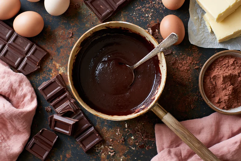 Chocolate sauce in a saucepan with spoon surrounded by eggs, butter, cocoa powder, chocolate bars, and pink cloth on a rustic countertop