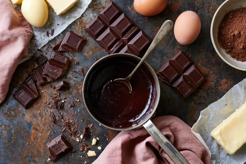 Melted chocolate in a saucepan surrounded by chocolate bars, eggs, butter, and cocoa powder on a rustic kitchen surface