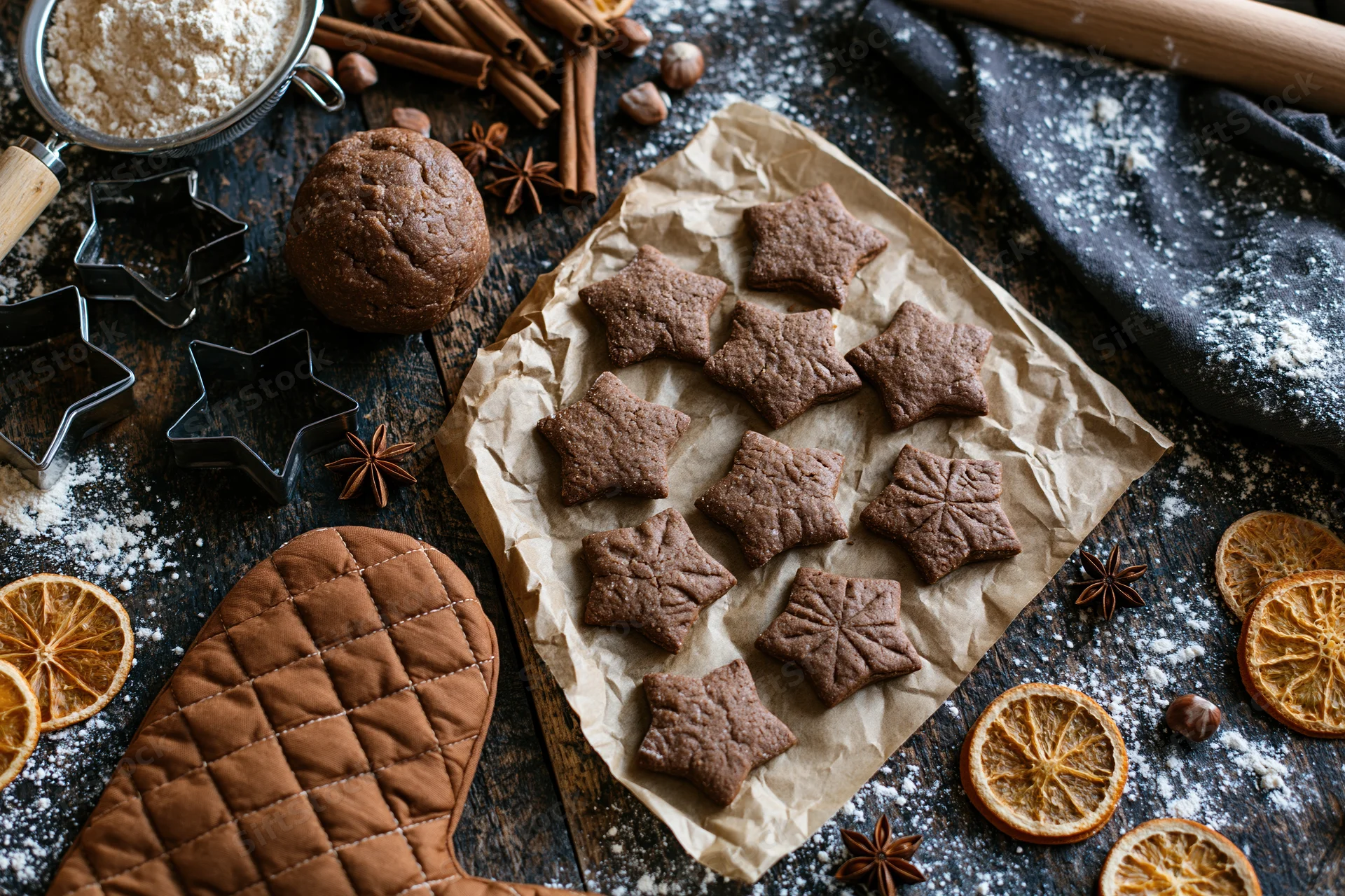 Star-shaped gingerbread cookies on parchment paper on a dark wooden table surrounded by baking tools and spices