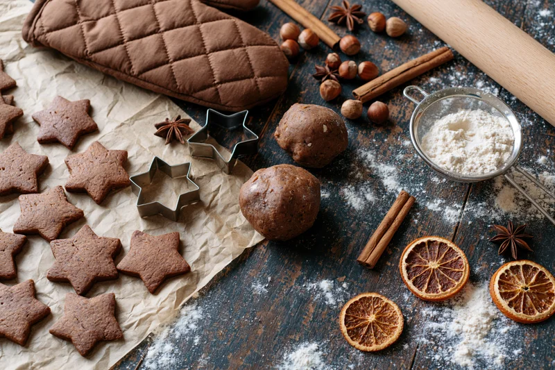 Star-shaped gingerbread cookies on parchment paper with dough, spices and baking tools on a dark wooden table