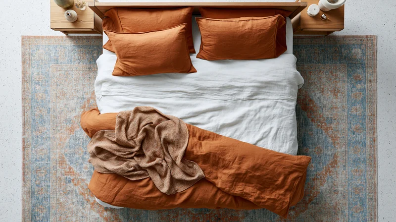 Overhead view of a bed with white sheets and orange bedding on a patterned rug in a modern bedroom