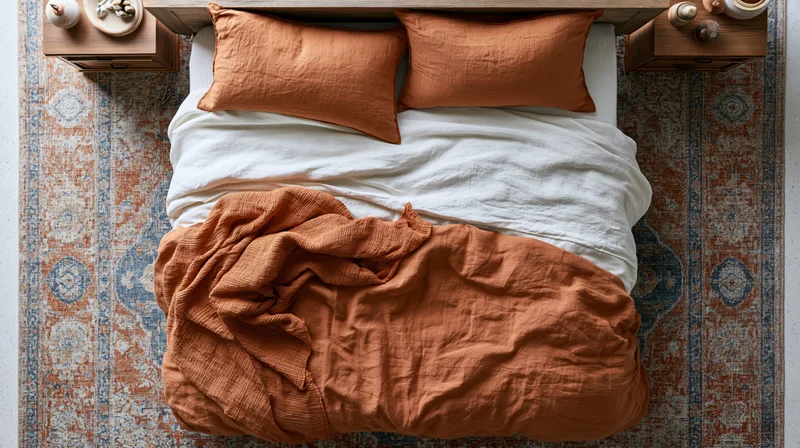 Overhead view of a bed with orange and white linen bedding on a patterned rug in a cozy bedroom